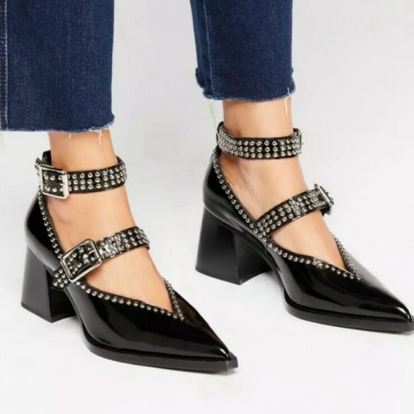 Free People Shoes - Free People Black Patent Studded Mary Jane Block Heels